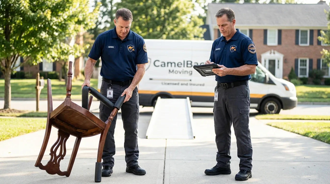 Movers inspecting furniture for damage prevention before loading in Savannah, TN
