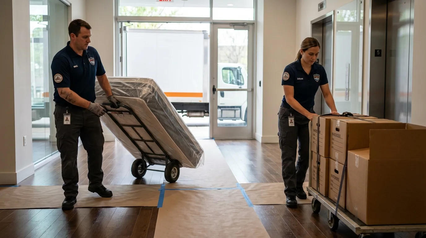 Professional apartment movers loading elevator in Savannah, TN